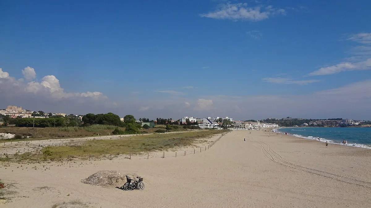 Larga playa de arena de Altafulla vista desde el oeste, con dunas a la izquierda y el mar a la derecha