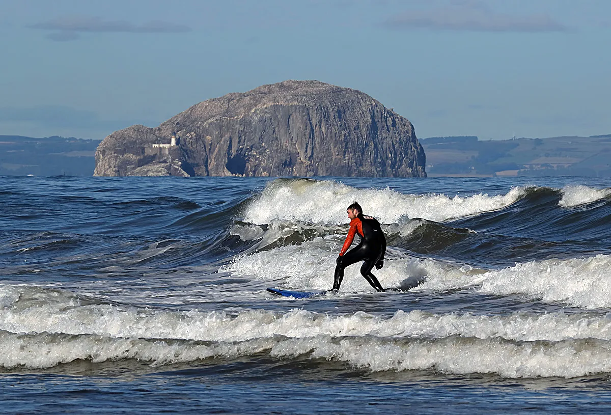 A surfer in a black and red wetsuit riding white water at Belhaven Bay, with the Bass Rock and its lighthouse behind