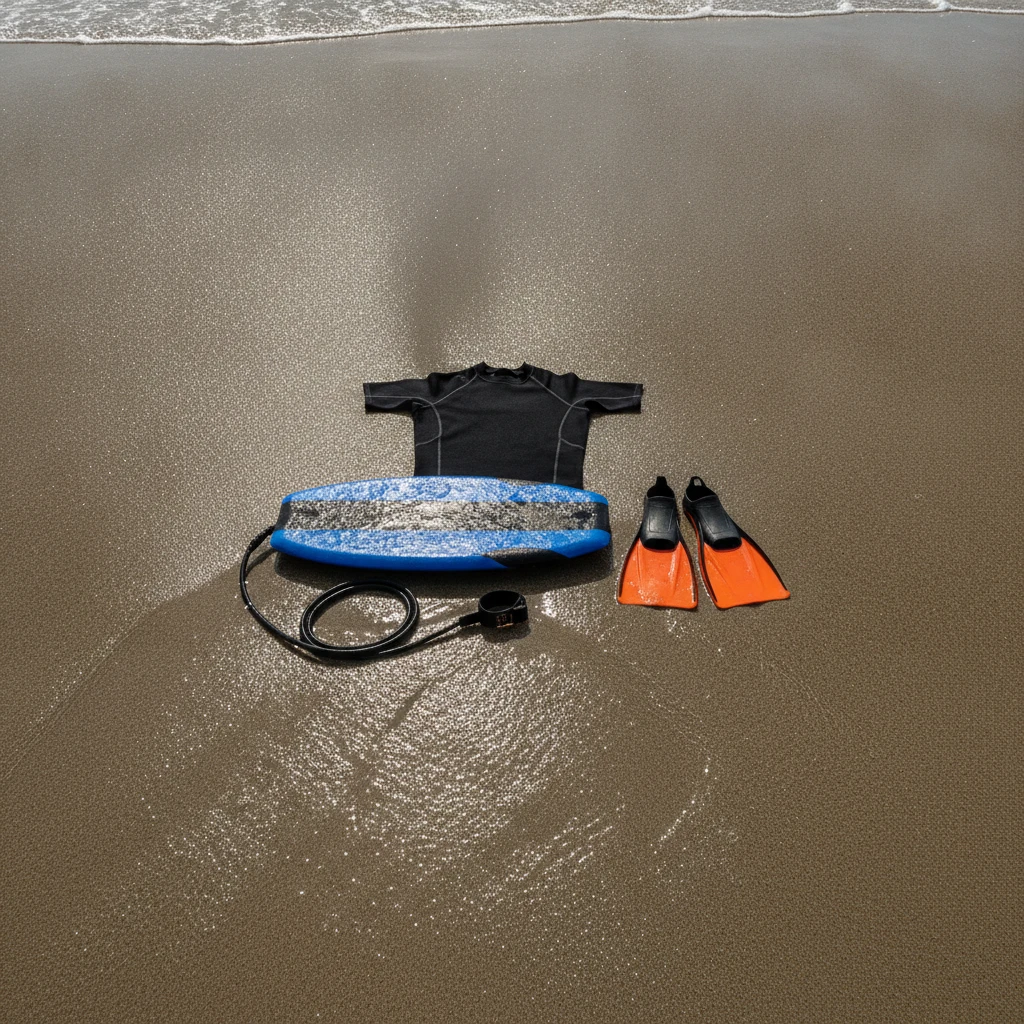 Bodyboard, leash and swim fins laid out on wet sand