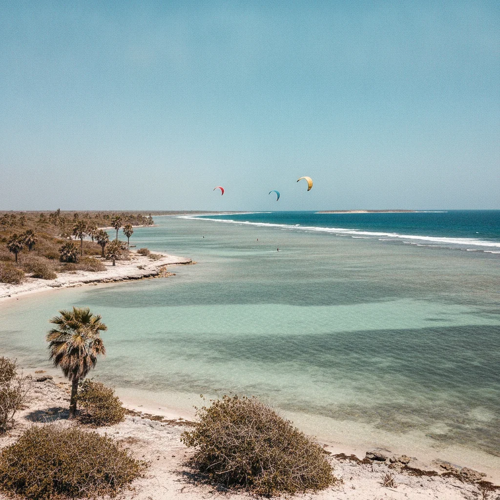 Laguna de agua plana cerrada por un arrecife de coral en Buen Hombre, con un cayo llano en el horizonte