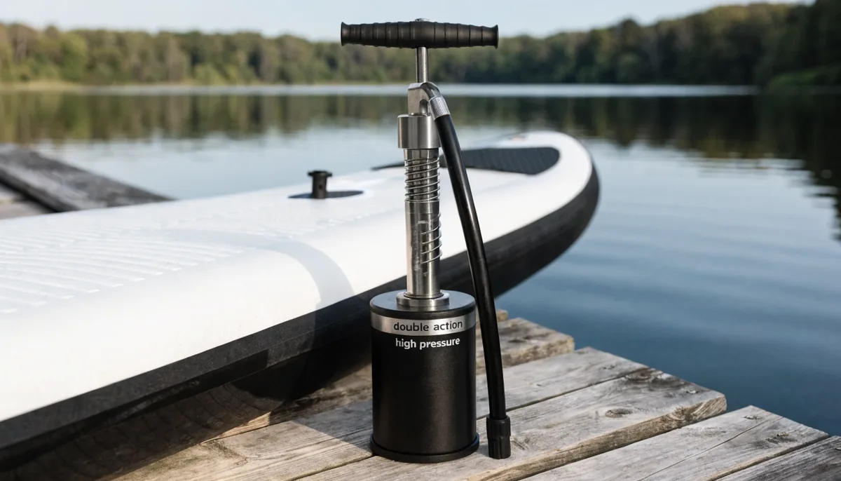 SUP pump next to an inflatable paddleboard