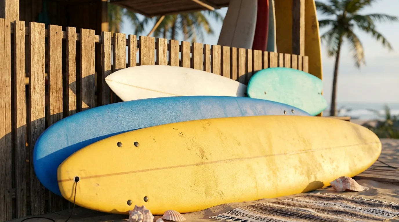 Surfboards lined up on the beach for beginners