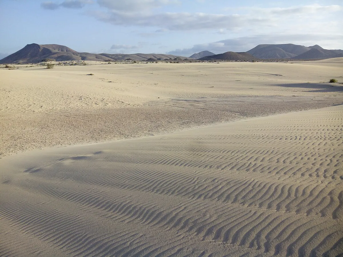 Pale rippled sand in the Corralejo dunes, with hills on the horizon