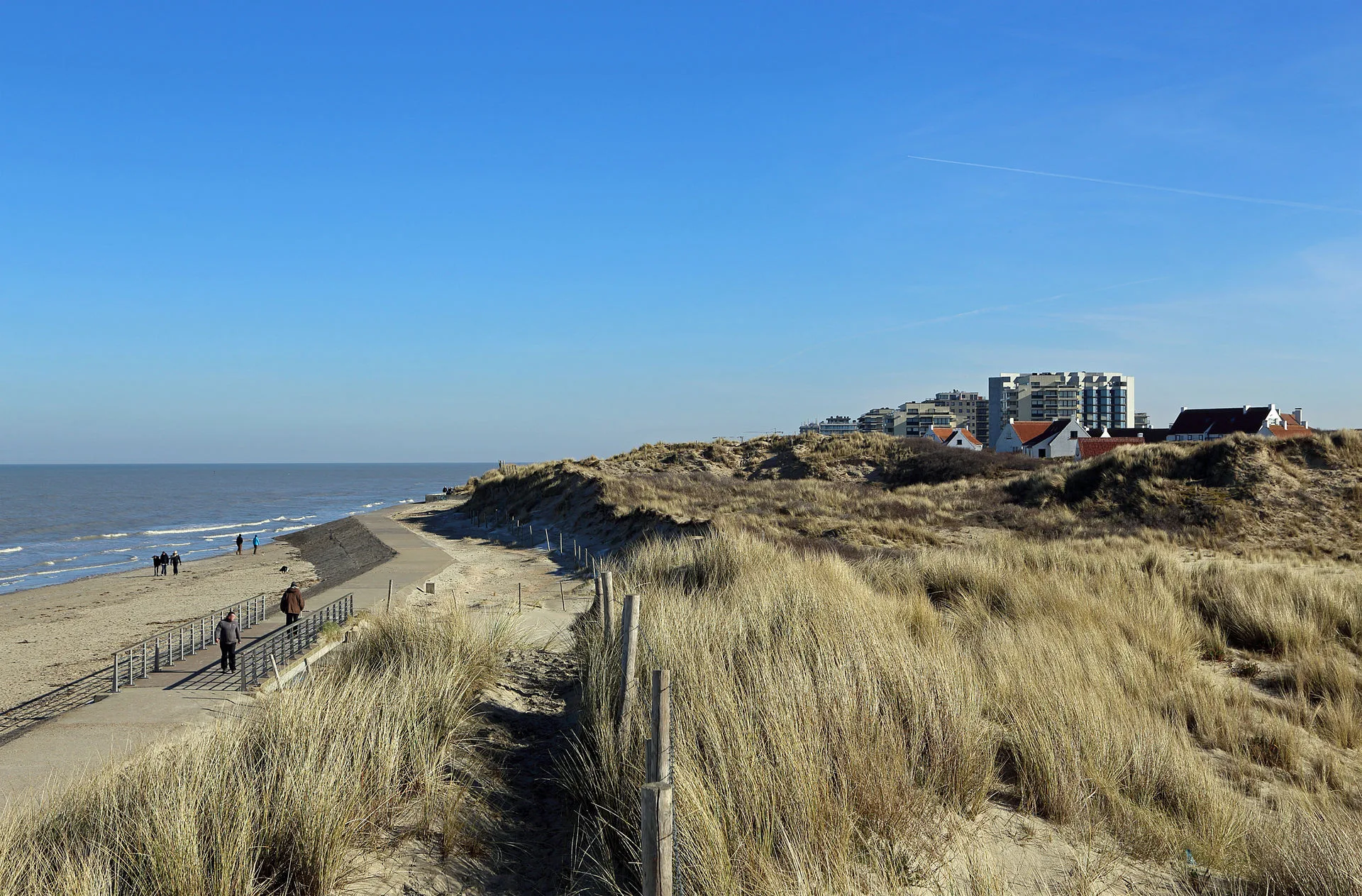 Les dunes et la plage de La Panne, promeneurs sur la digue en bois
