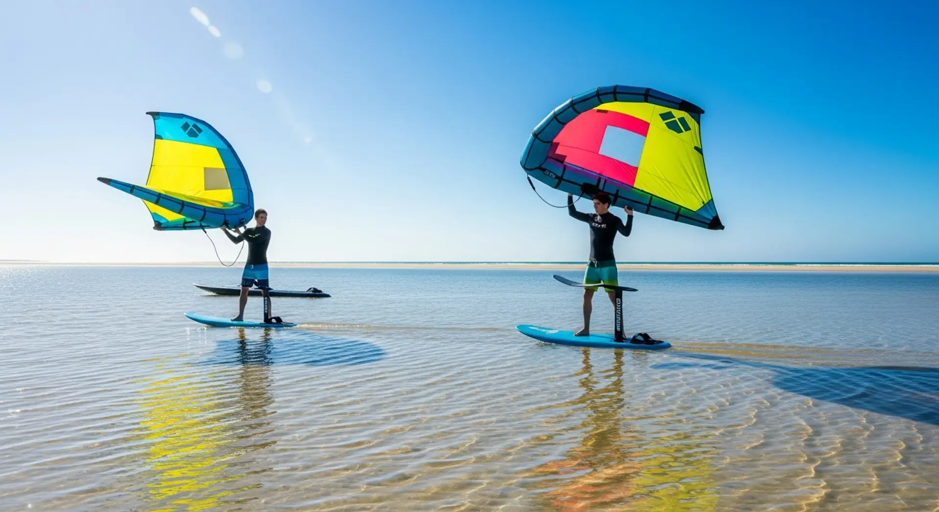 Beginner learning wing foil on the beach