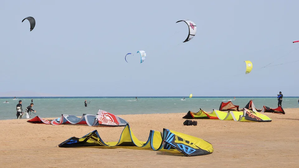 Kites on the beach at Mangroovy, El Gouna, Egypt