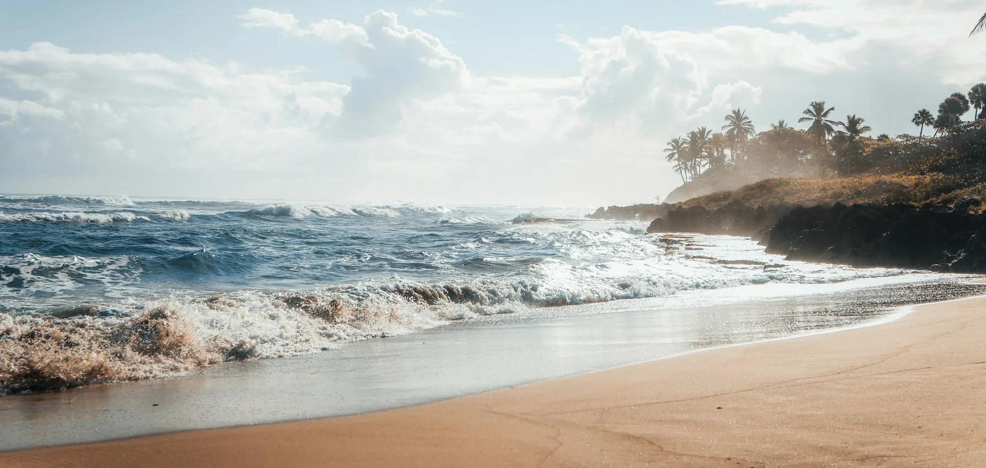 Vagues déferlant sur une pointe rocheuse bordée de palmiers à Cabarete, République Dominicaine