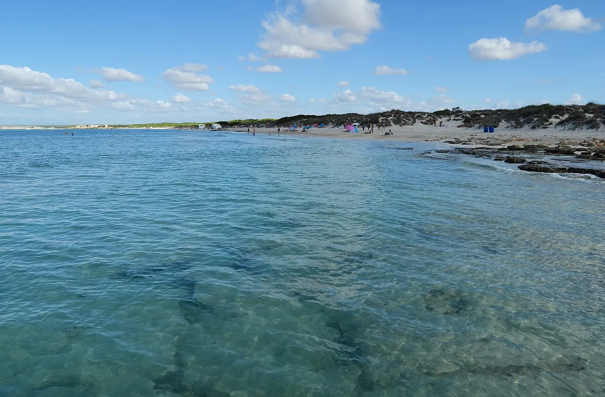 Eau claire et peu profonde devant la plage d'Es Trenc, à Majorque, avec des dunes et quelques baigneurs au loin