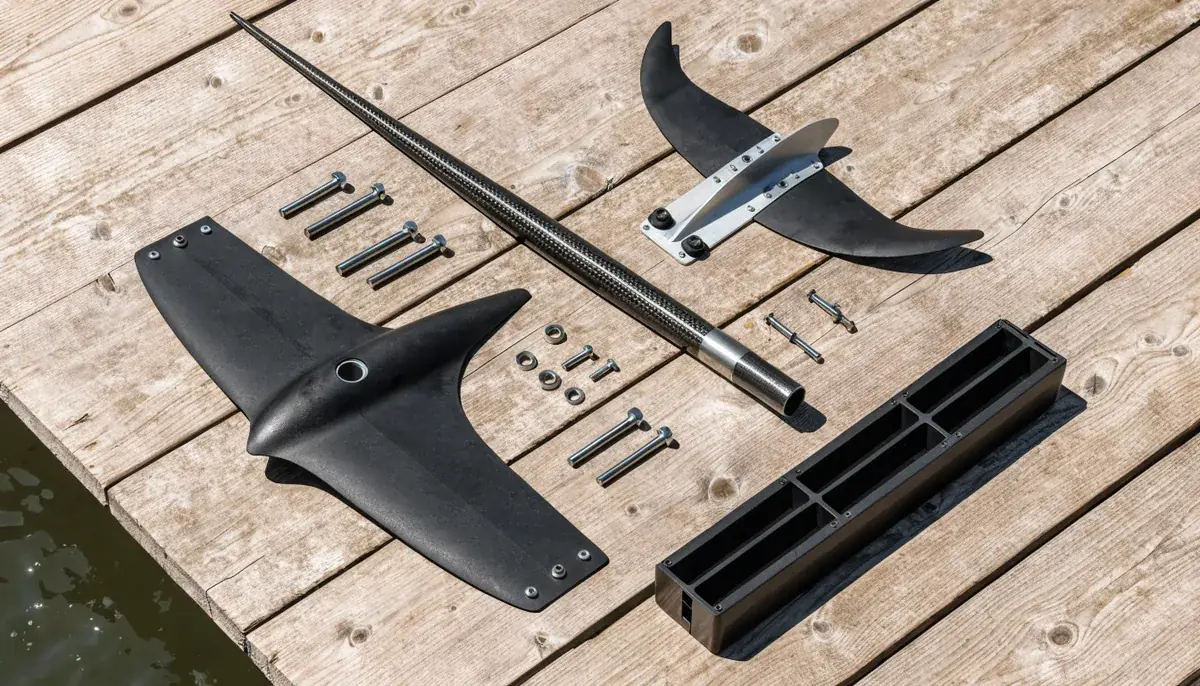 Foil gear laid out on a pontoon: mast, front wings and fuselage