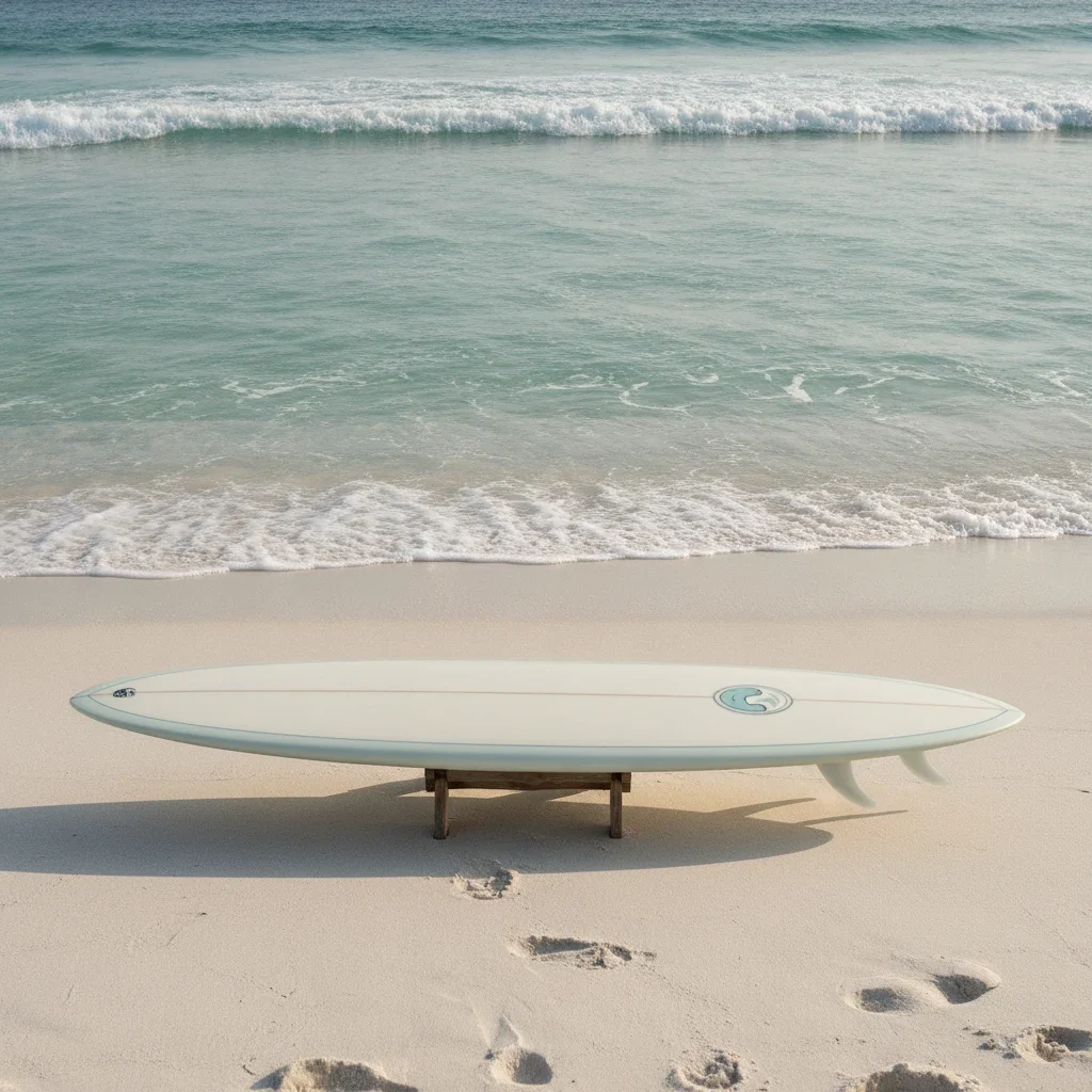 Funboard au nez arrondi posé sur le sable au bord de l'eau