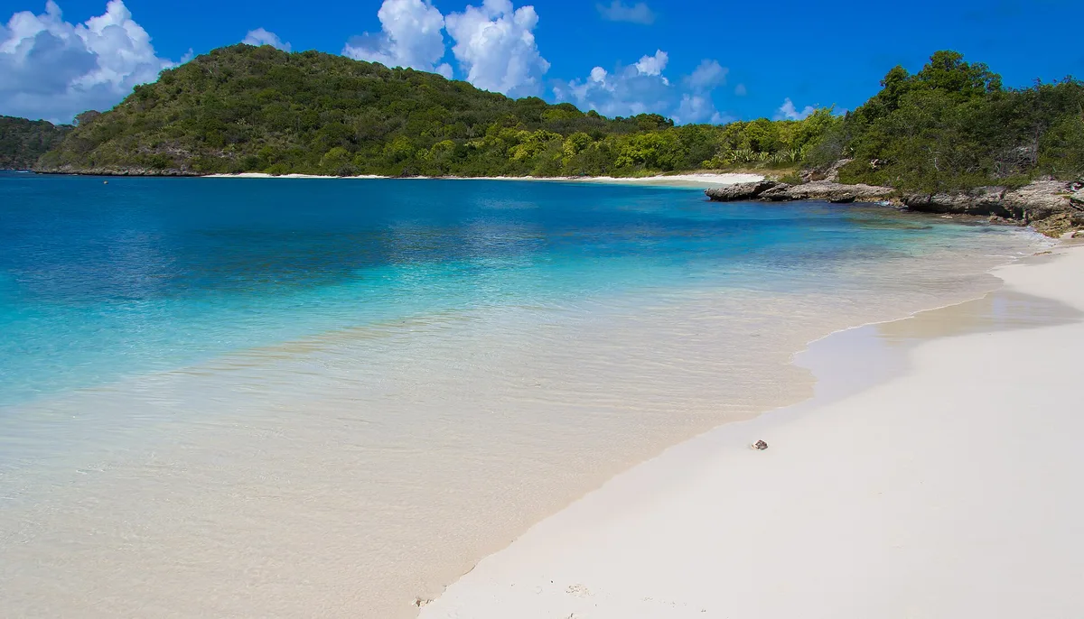 White sand and clear turquoise water on a beach on Green Island, at the mouth of Nonsuch Bay, Antigua