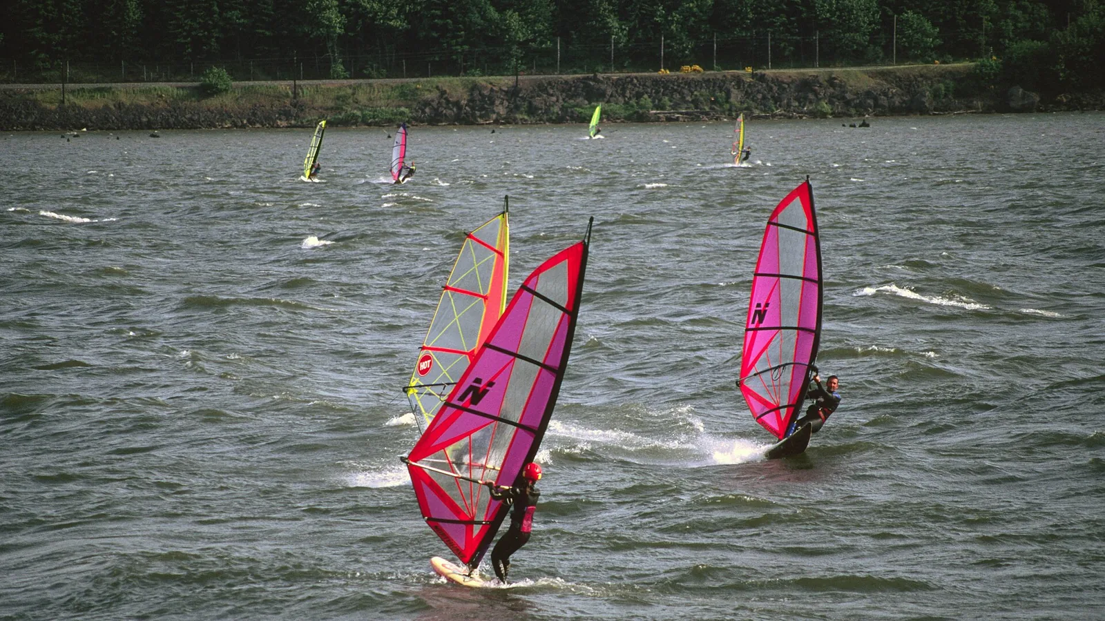 Windsurfers sailing on the Columbia River at Hood River, Oregon