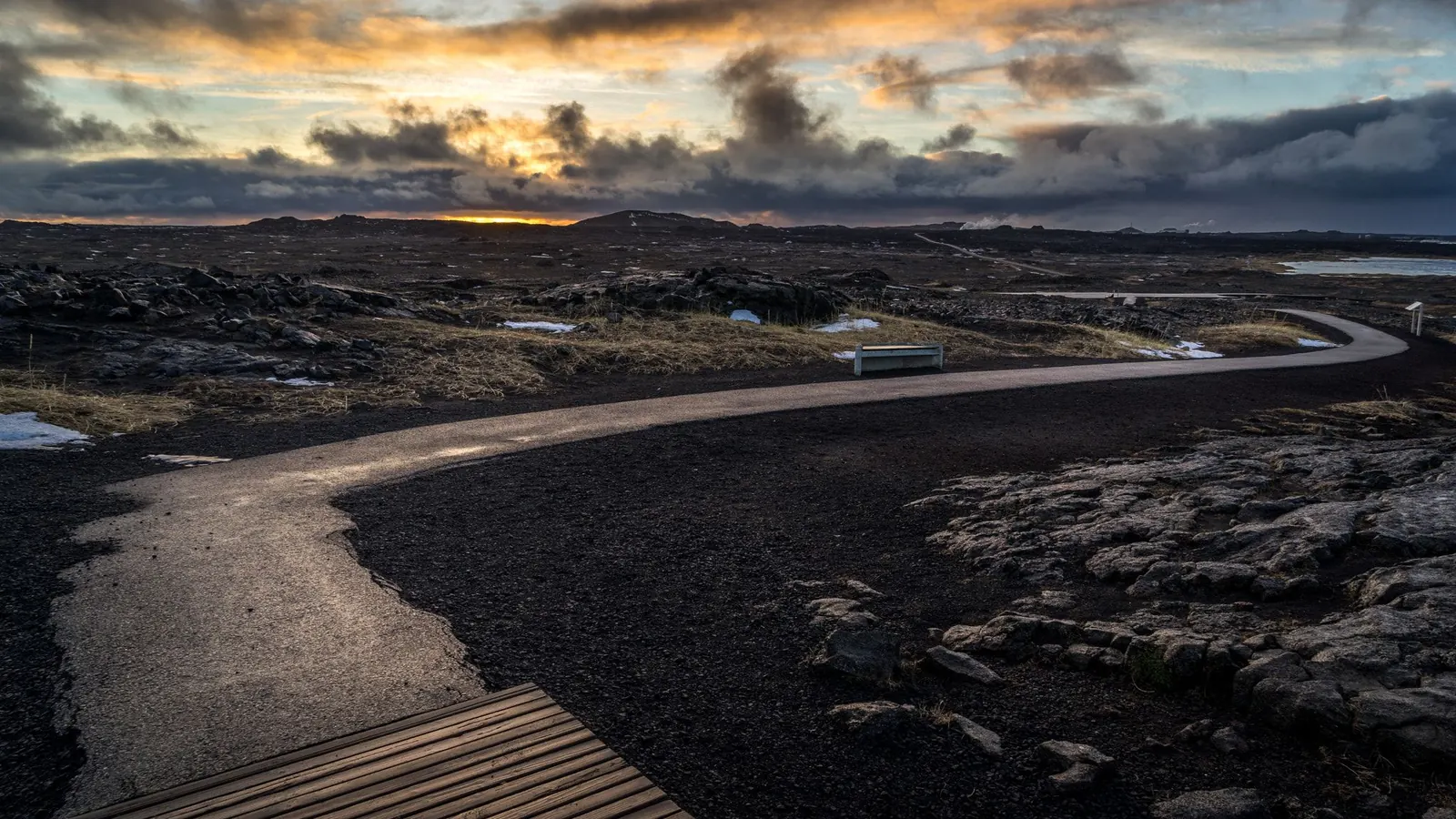 Winter sunrise over the lava fields of the Reykjanes peninsula near Sandvík, seen from the path at the Bridge Between Continents