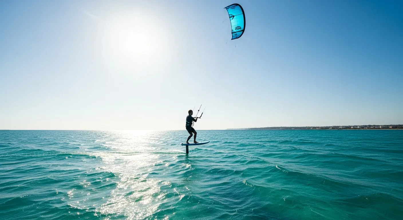 A beginner kitesurfer flying above the water on a foil