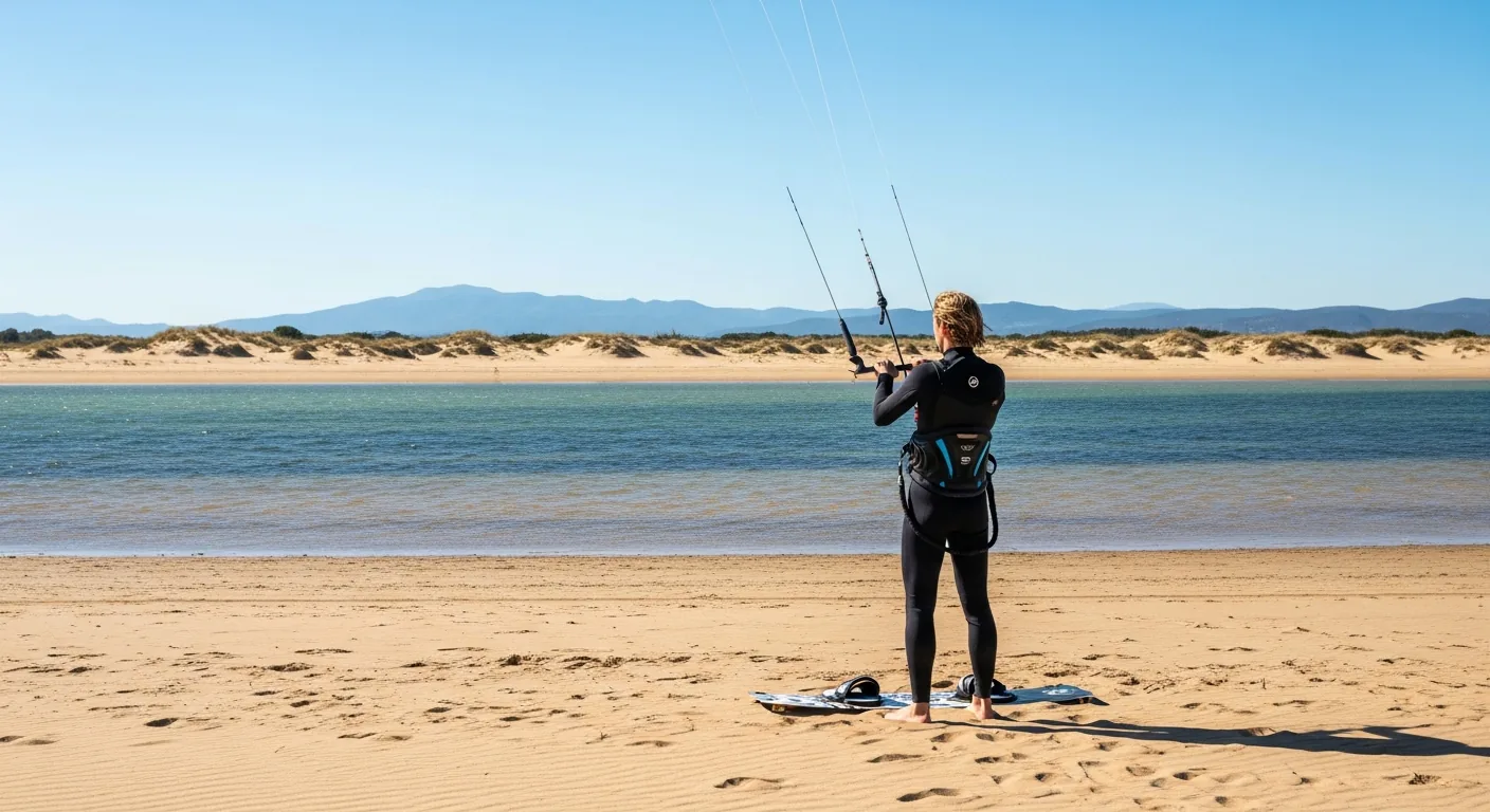 A beginner kitesurfer learning to fly the kite on a UK beach