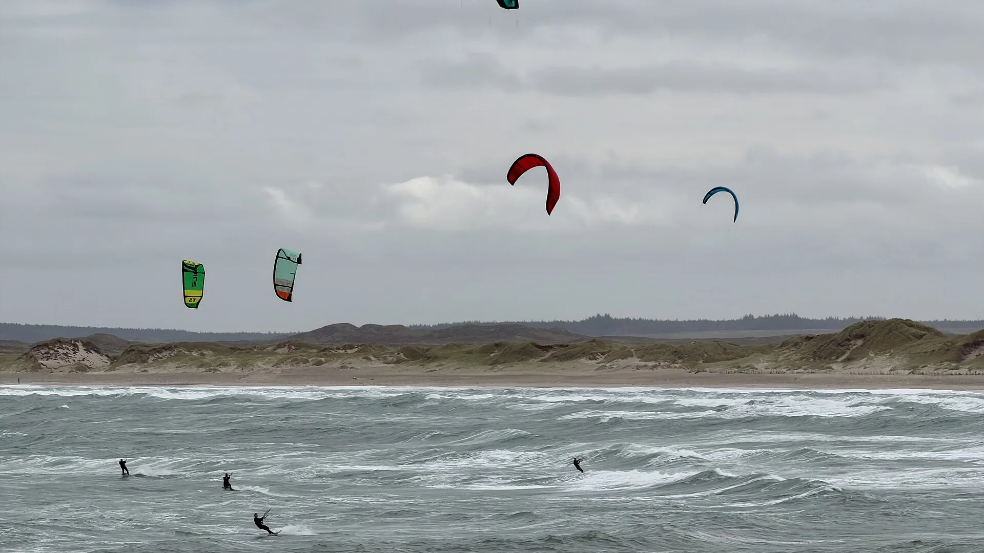 Kitesurfers riding choppy North Sea water off Klitmøller beach, Cold Hawaii, with kites in the air and dunes behind
