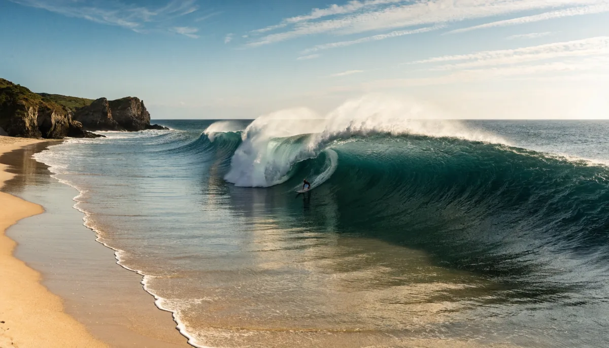 Surfista en el tubo de una ola limpia en una playa de arena