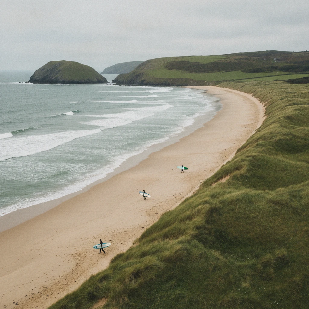 Surfers walking down the dunes to clean waves on the long sandy beach at Llangennith, Gower