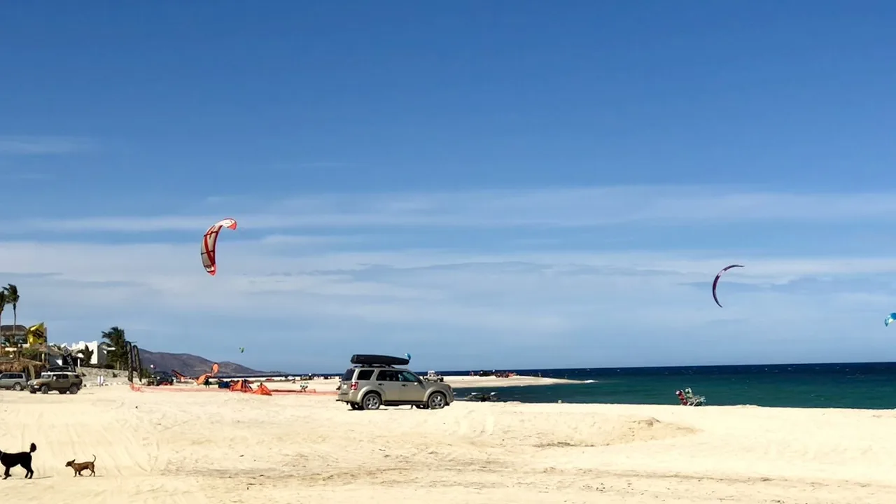 Kites flying at the beach launch area in Los Barriles, Baja California Sur, Mexico