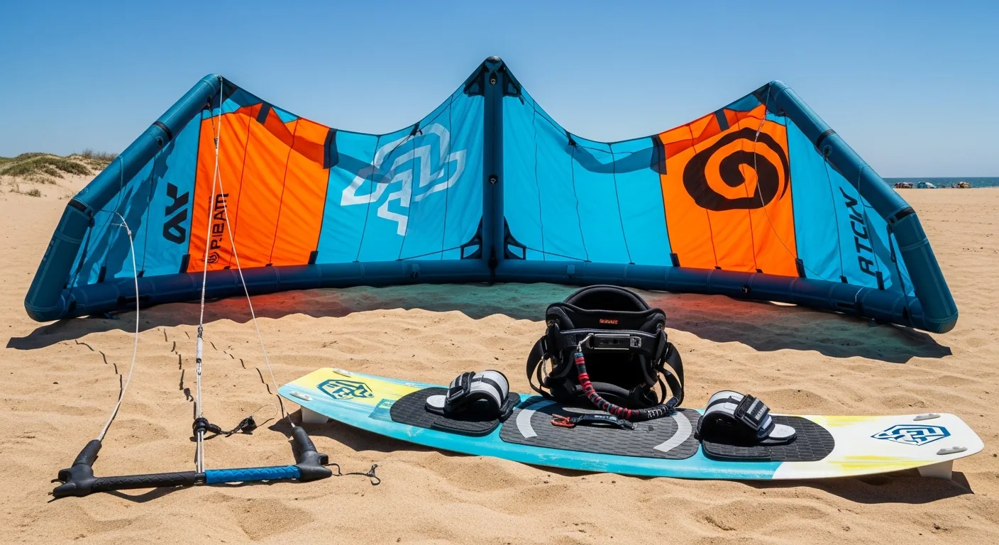 A complete set of beginner kitesurfing gear laid out on a UK beach