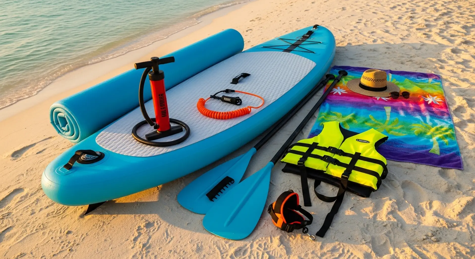 Beginner SUP kit laid out: inflatable board, paddle, pump and accessories