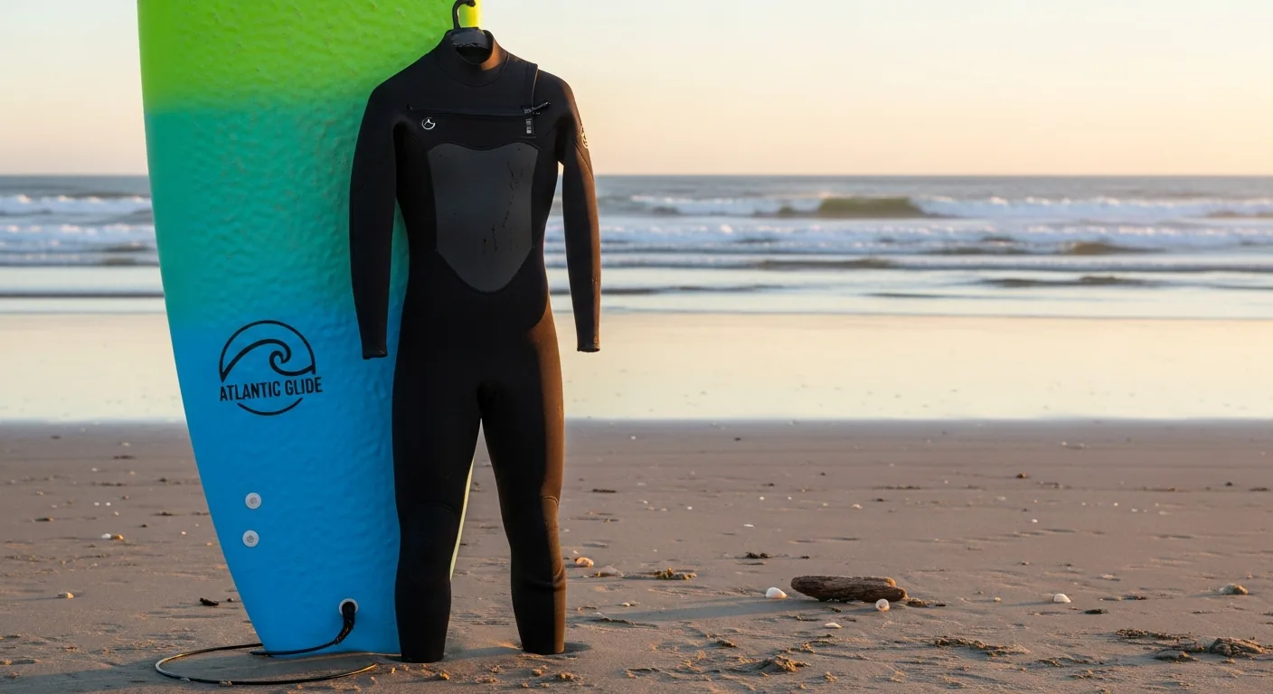 Surf gear laid out on the sand: a soft-top board, wetsuit and accessories
