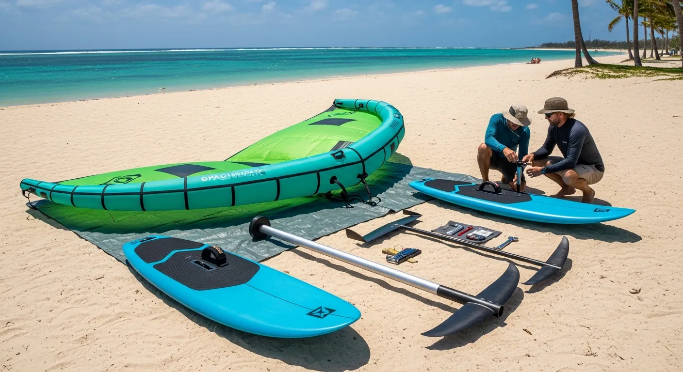 A complete beginner wing foiling set-up: wing, board and foil