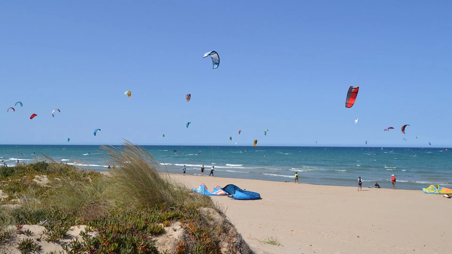 Cometas de kitesurf sobre el mar frente a una playa de arena con dunas, la Platja de les Deveses de Dénia