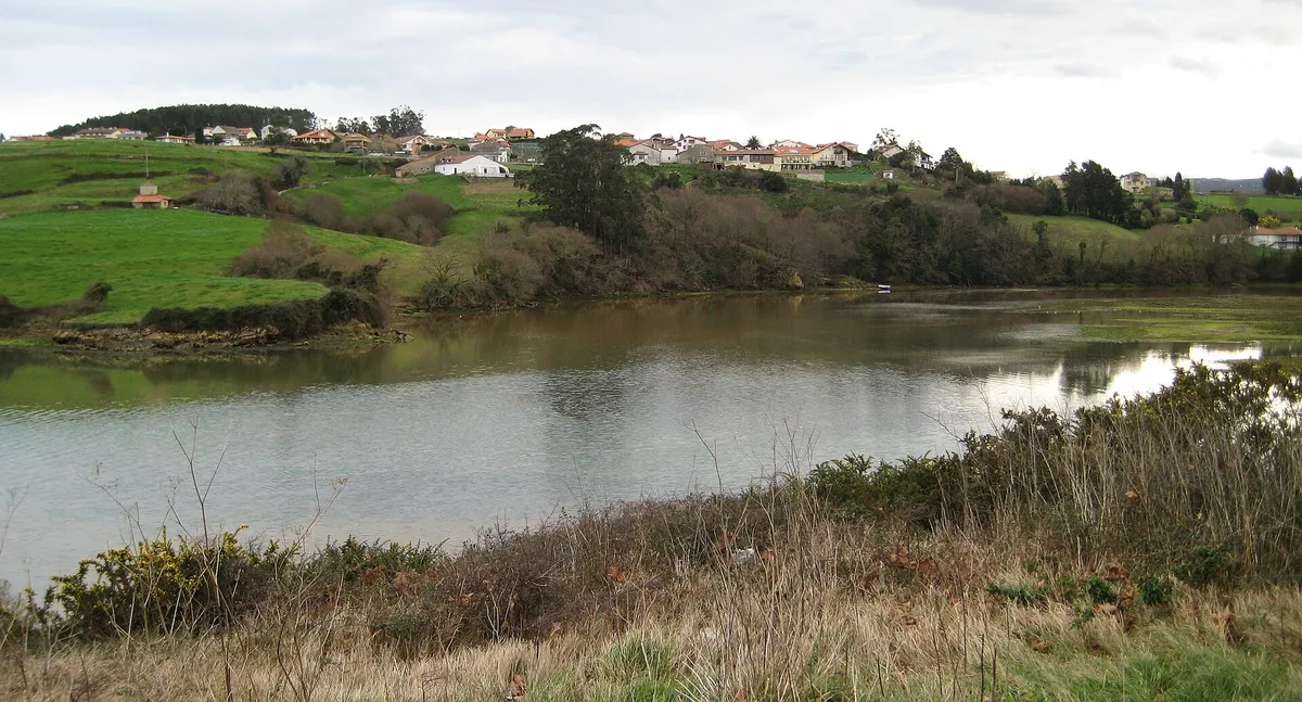 La ría de La Rabia, con campos verdes y casas en la orilla