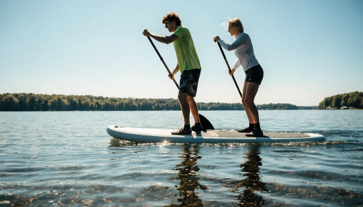 A couple paddling together on a tandem paddleboard
