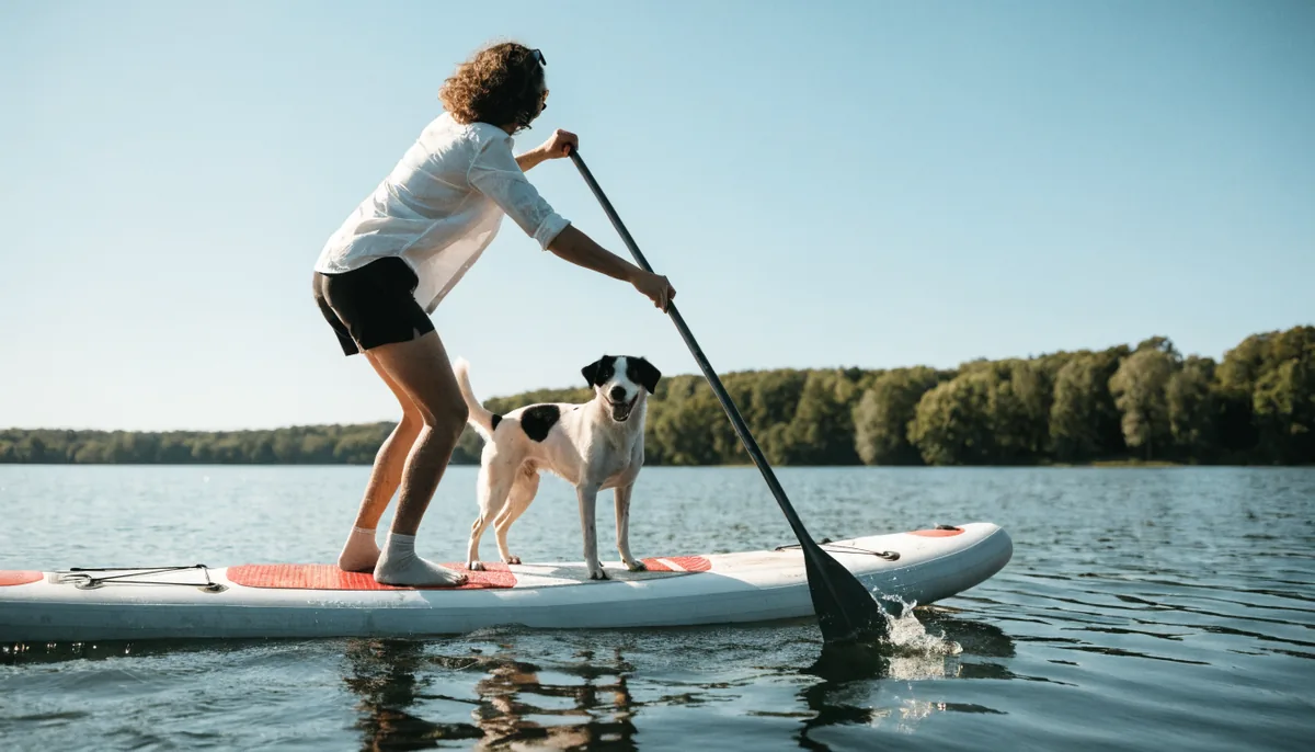 A dog riding on a paddleboard with its owner