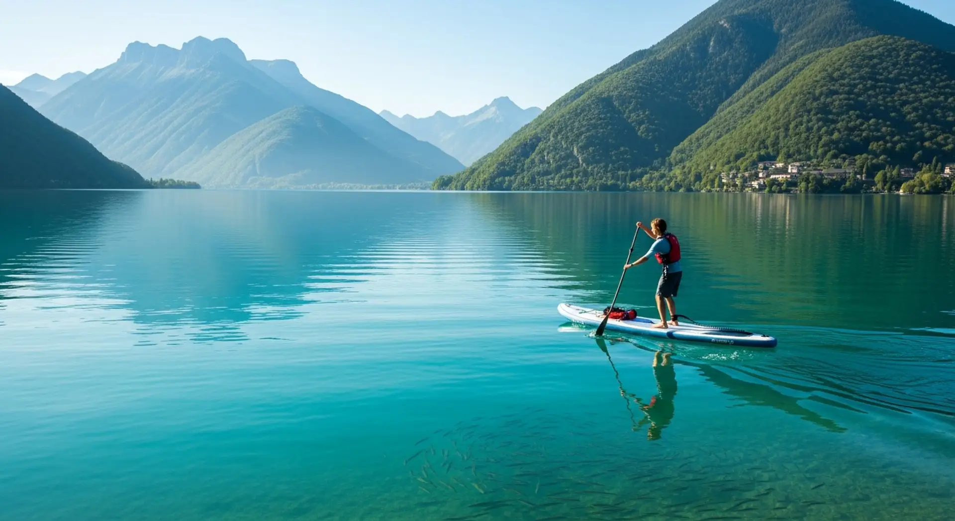 A beginner getting to their feet on a stand-up paddleboard on calm, flat water