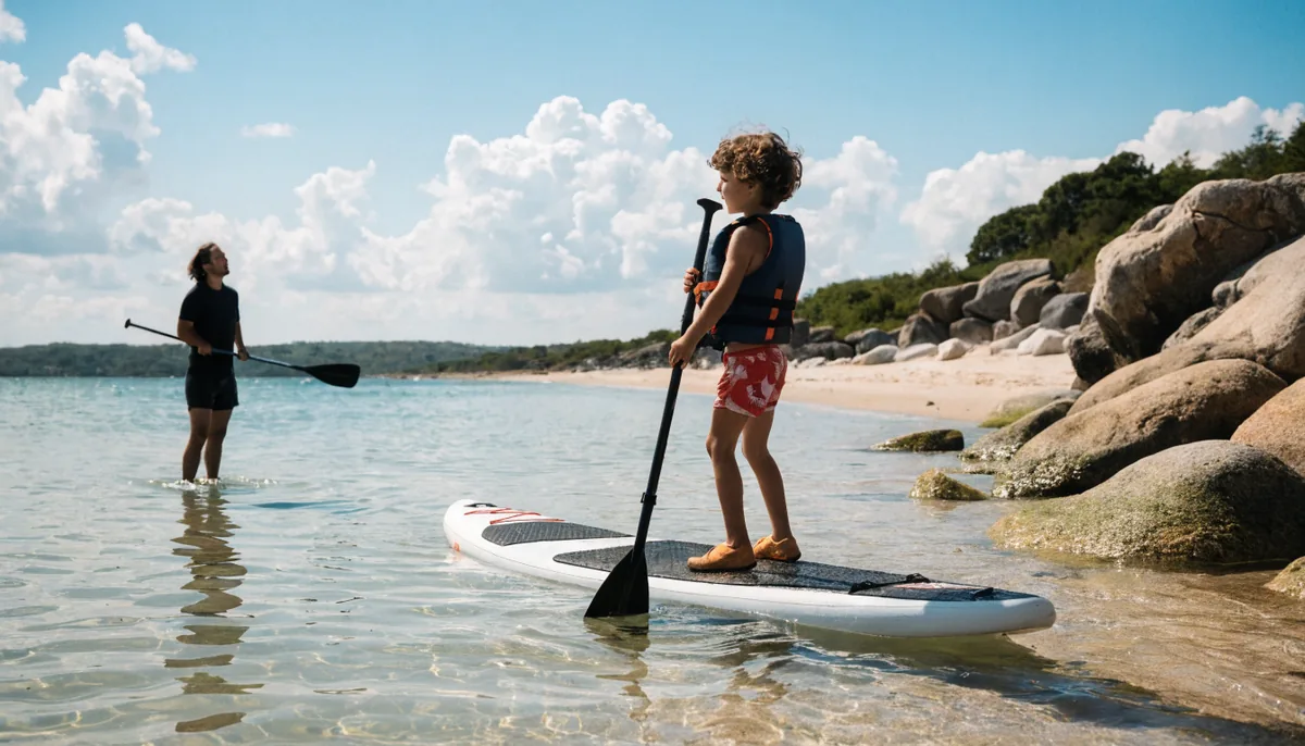 Niño de pie sobre una tabla pequeña de paddle surf