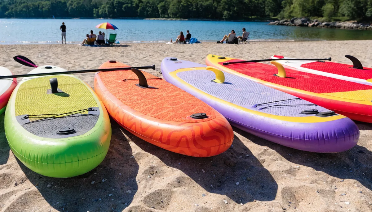 A budget inflatable paddleboard on a beach at first light
