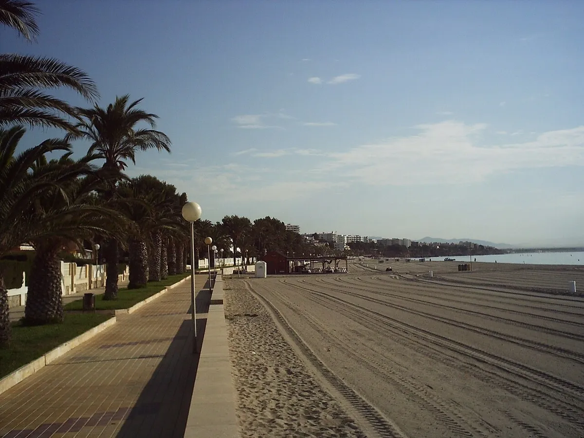 Playa de arena y paseo con palmeras en Platja Cristall, en Miami Platja