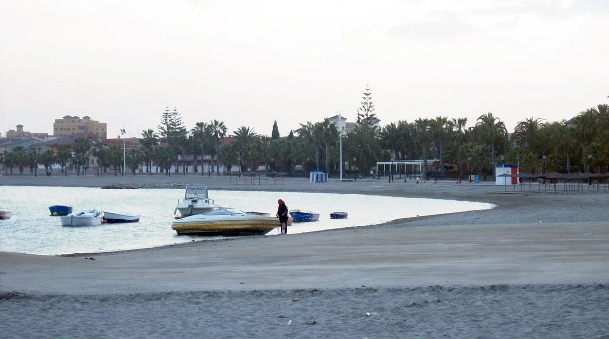 Orilla de arena de la playa de Los Narejos con barcas varadas y palmeras al fondo