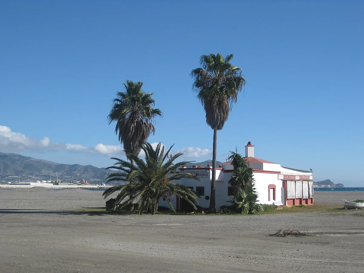 Explanada de arena oscura en Playa Granada, Motril, con palmeras, un edificio blanco y rojo y montañas al fondo