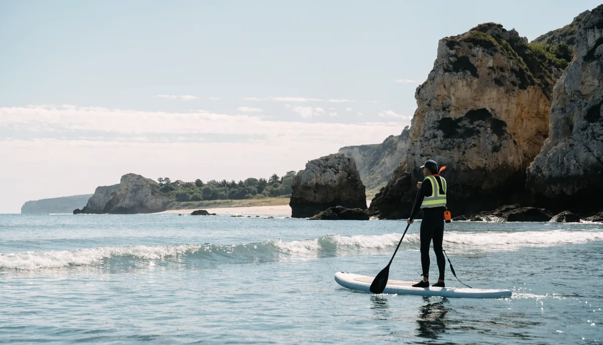 A paddleboarder heading out to sea at sunrise