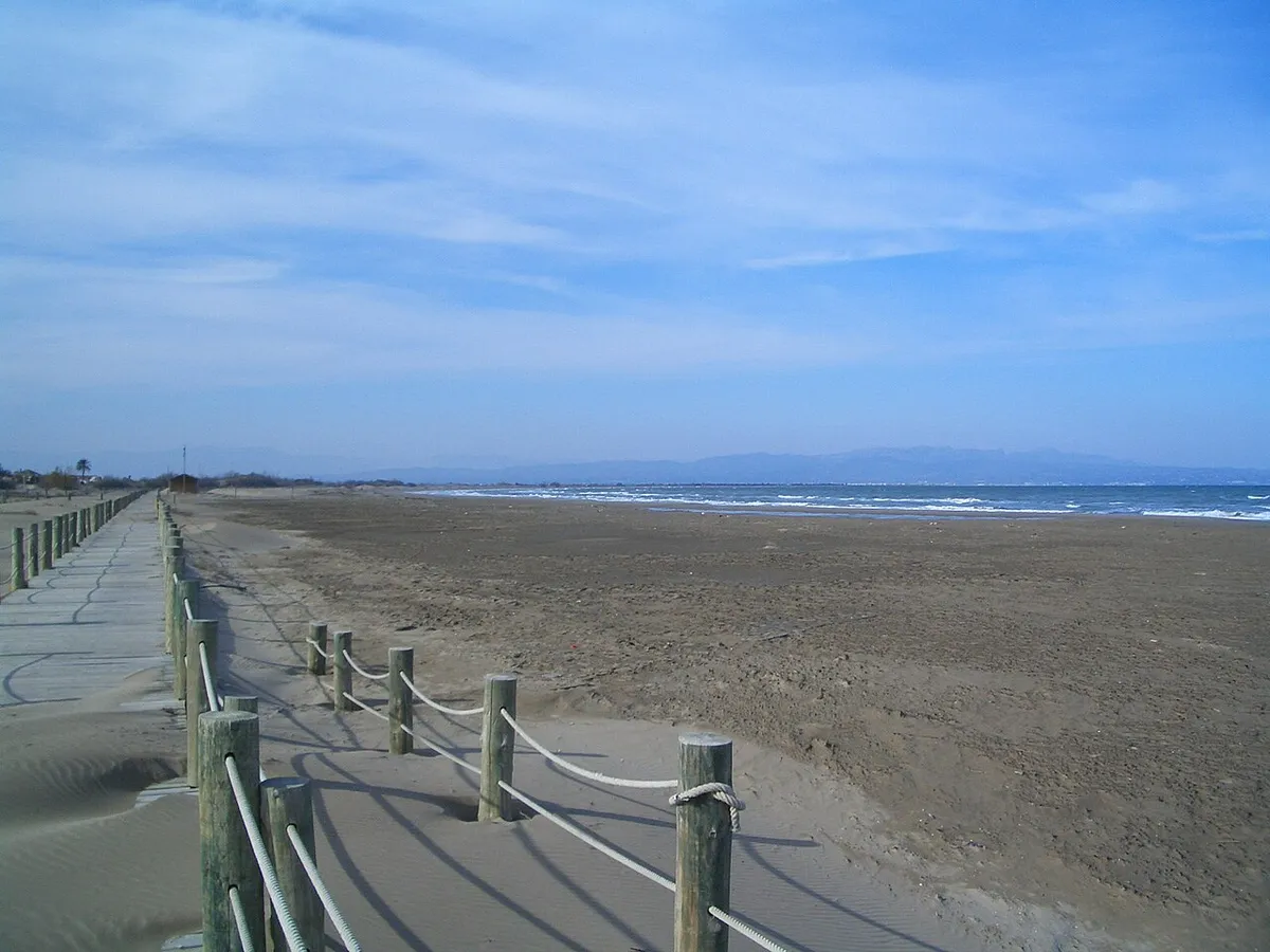 Wooden walkway beside the sandy beach at Riumar, in the Ebro Delta