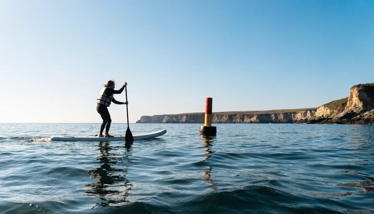 A paddleboarder wearing a buoyancy aid on calm sea water