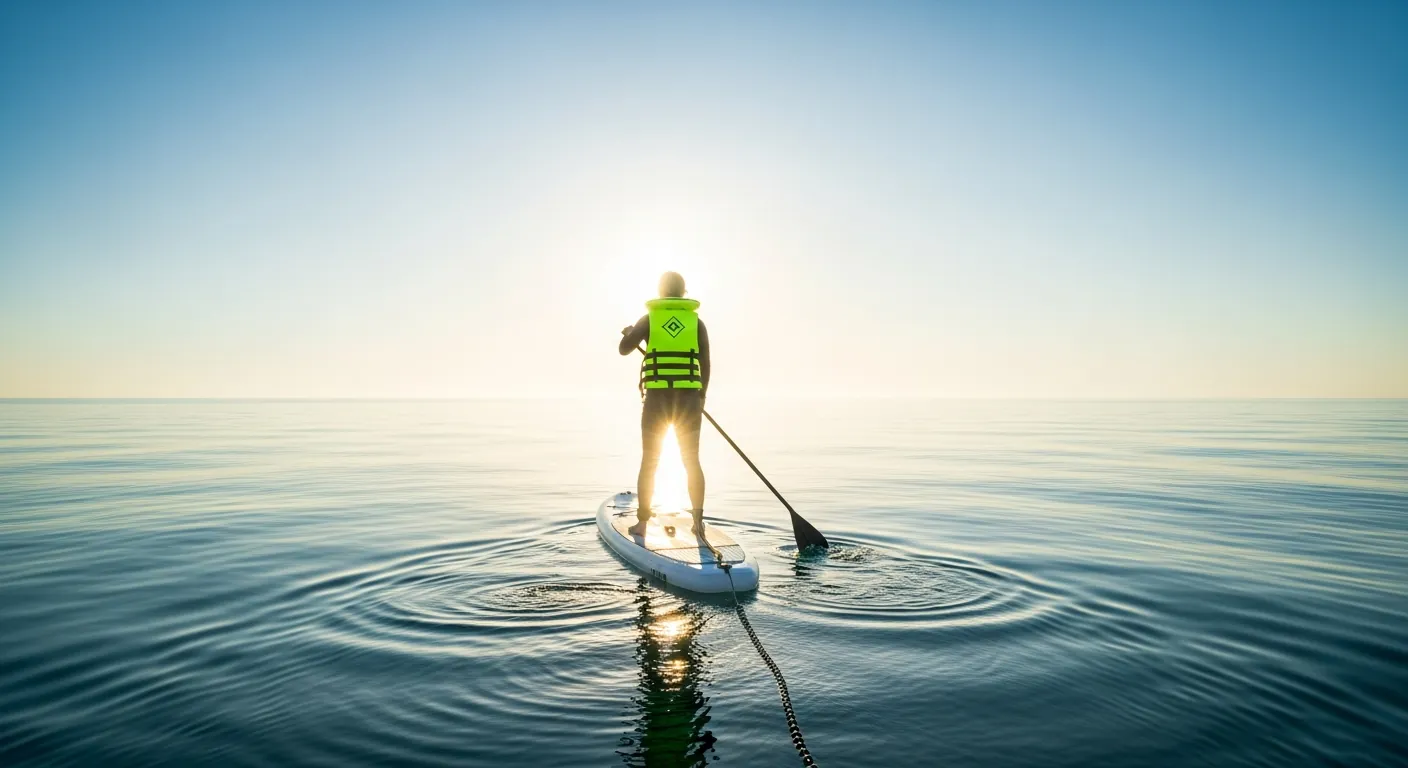 A paddleboarder on the water wearing a buoyancy aid and a safety leash