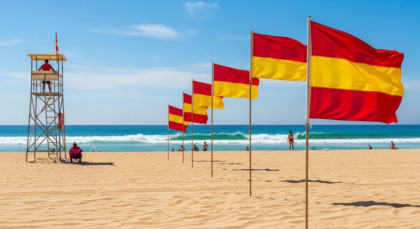 A lifeguarded surf beach with safety flags and RNLI lifeguards