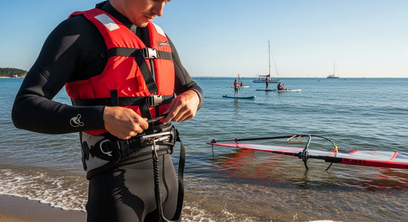 A windsurfer sailing safely near a lifeguarded beach