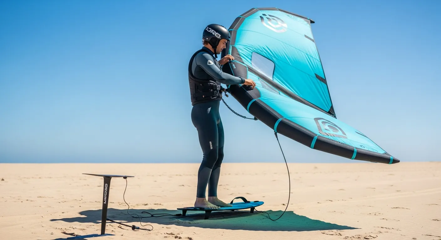 Wing foiling safety kit: helmet, impact vest, leash and protection