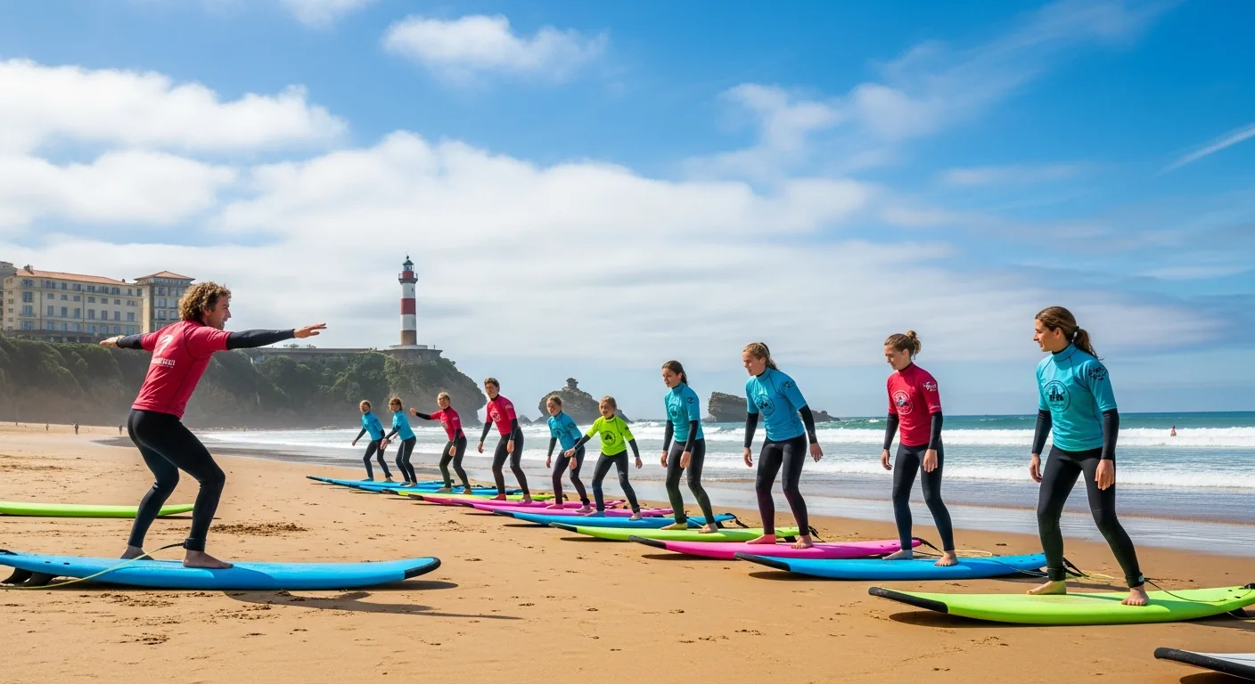 A coached group heading into the water on a sunny beach