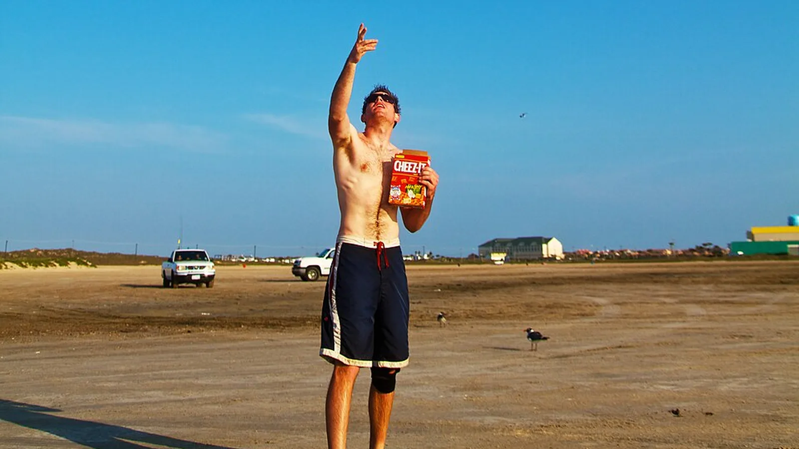 A visitor on the beach at South Padre Island, Texas, with laughing gulls overhead