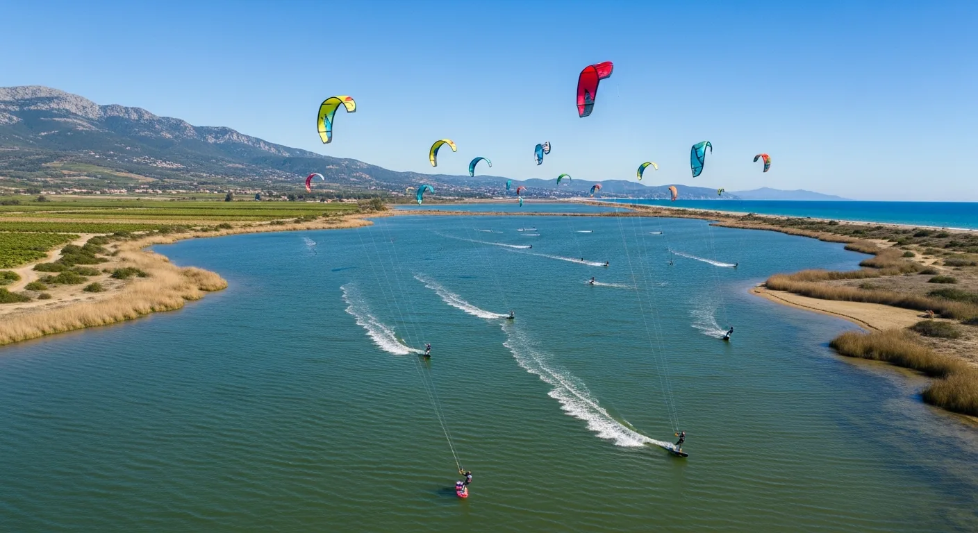 Kitesurfeurs sur les eaux plates de la lagune de Leucate
