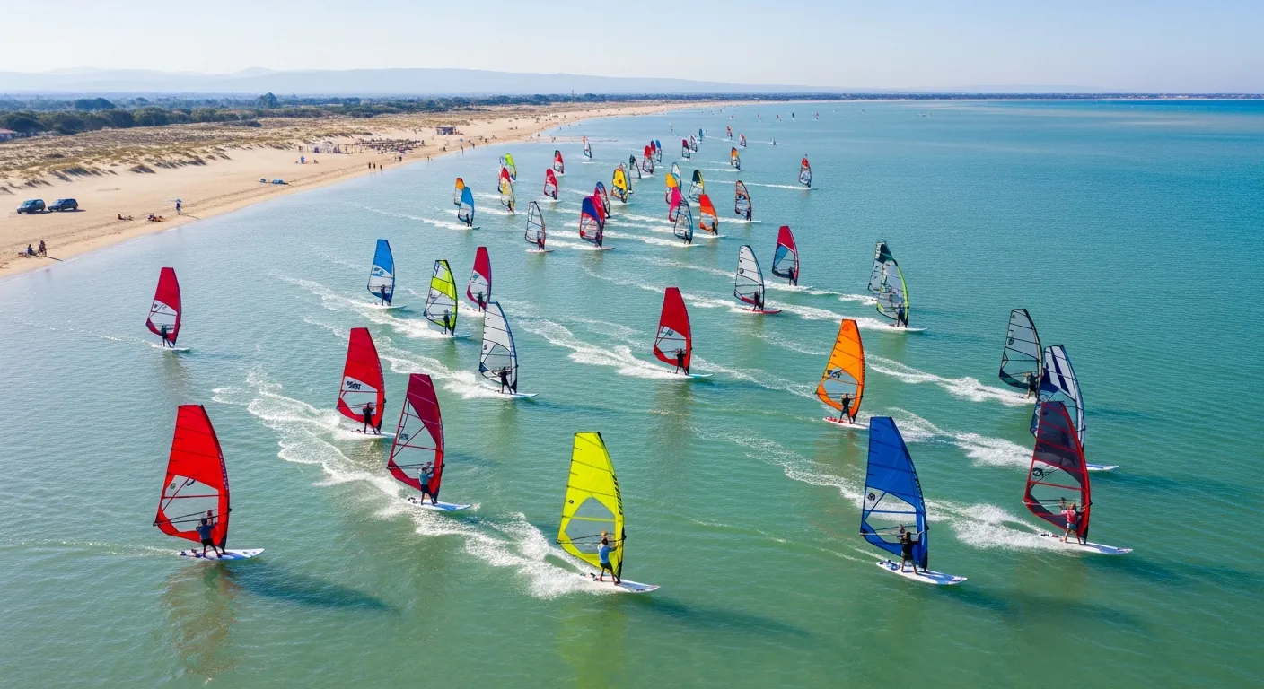 A windsurfer sailing across flat, wind-lined water in bright conditions