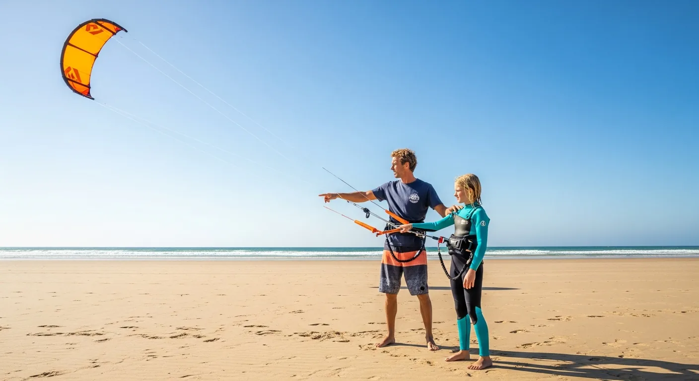 A beginner kitesurf lesson on a windy UK beach with an instructor and kite
