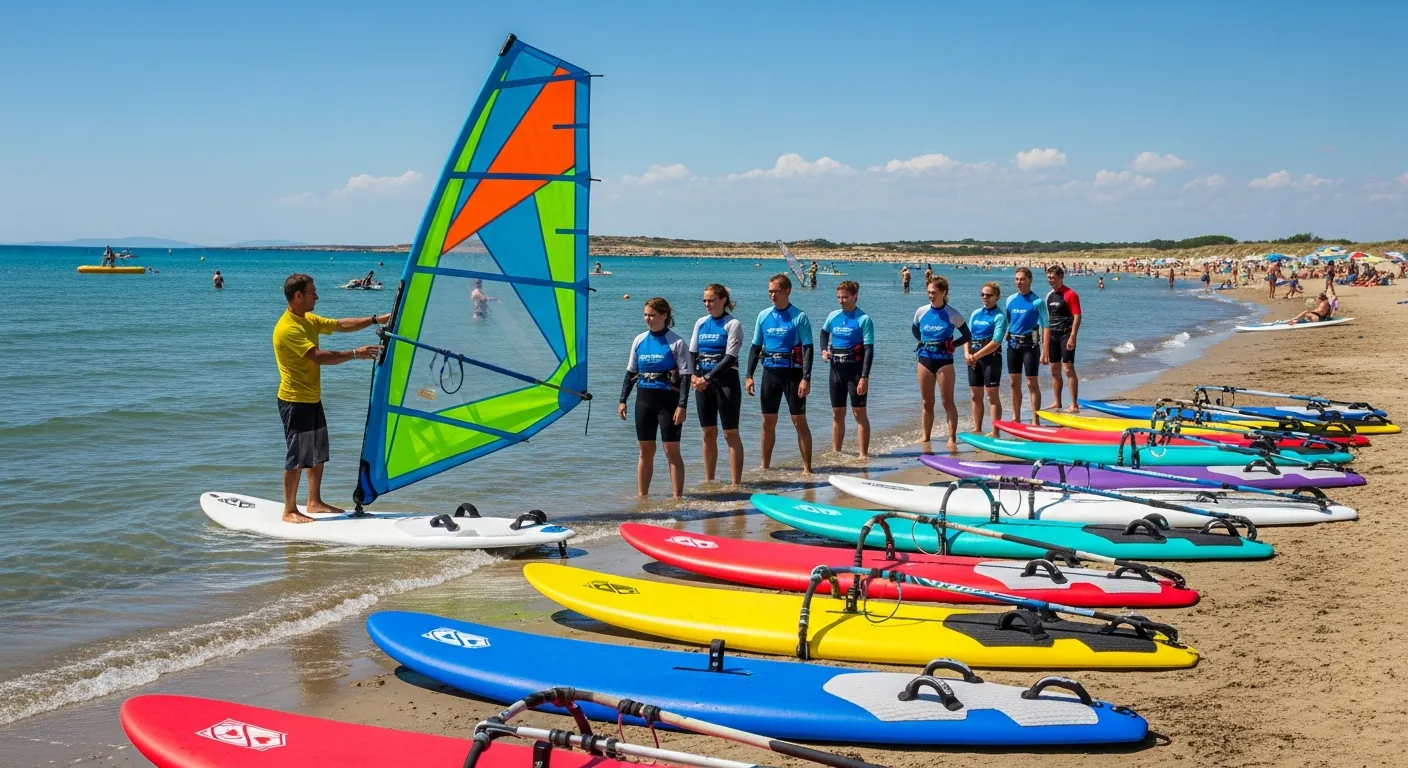 A beginner windsurf lesson: a student on a board with an instructor on a sheltered beach